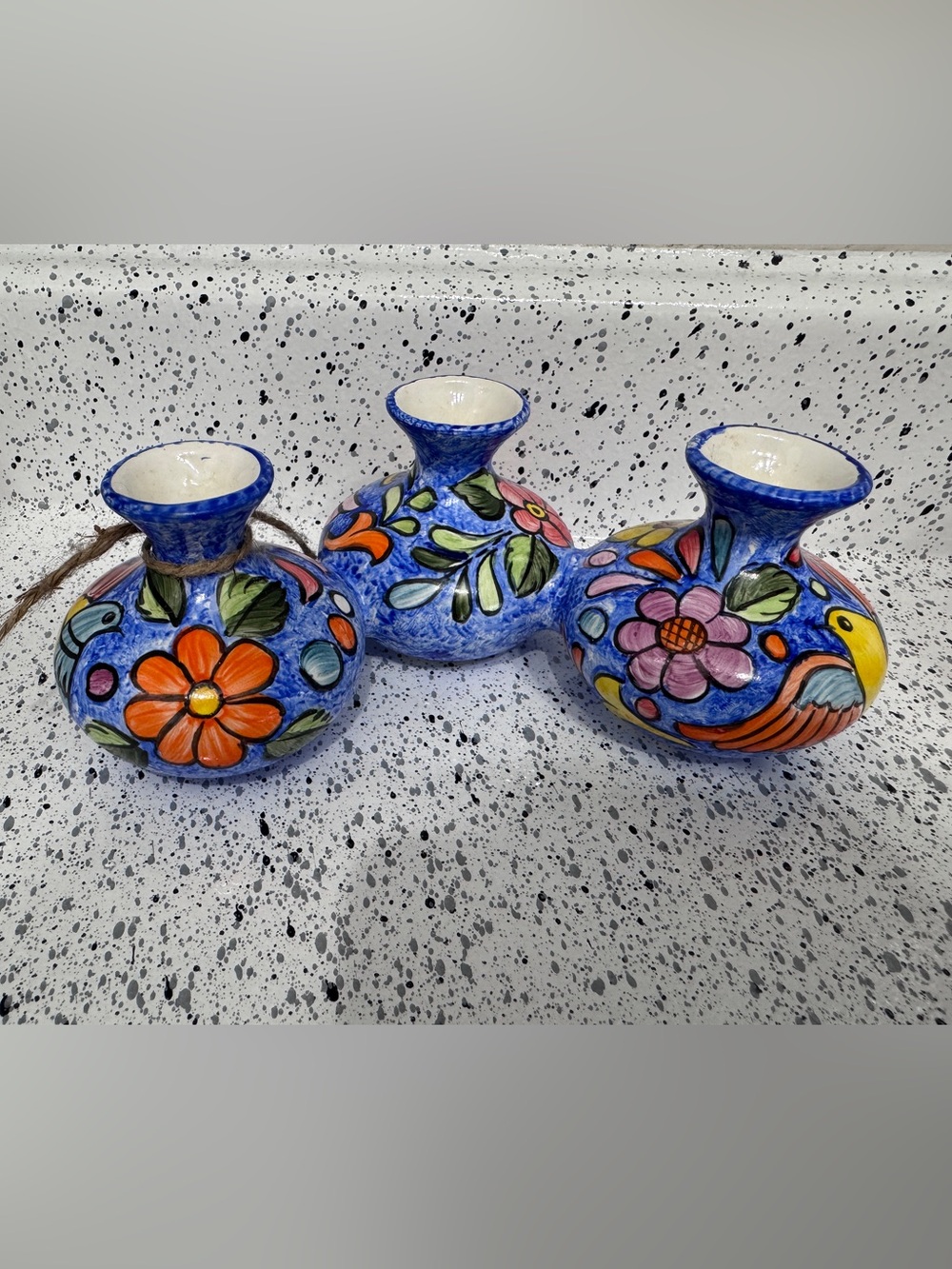 Mexican Pottery Trio Vase Ceramic Hand Painted